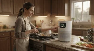 A home cook adjusting settings on a smart kitchen air purifier countertop unit while preparing dinner.