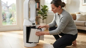 A homeowner inspecting the filter of an air purifier for basement musty smell during routine maintenance.
