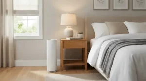 An air purifier for basement musty smell positioned in a subterranean guest bedroom with a made bed.