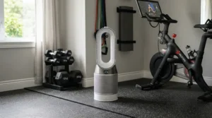 An air purifier for basement musty smell running in a subterranean home fitness area with exercise equipment.