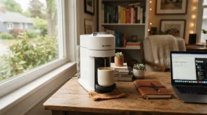 An air purifier for basement musty smell resting on the floor of a converted below-grade workspace with a desk.