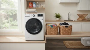 An air purifier for basement musty smell sitting on a counter next to a washing machine in a lower-level laundry space.