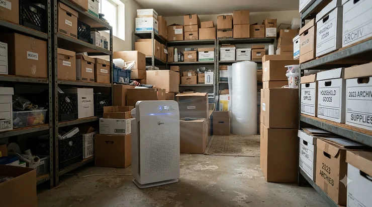 An air purifier for basement musty smell operating near metal shelving units filled with plastic storage bins.