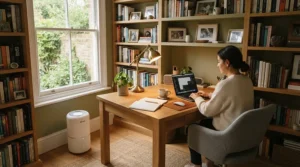 A white digital air purifier for finished basement placed discreetly beside a bookshelf in a study area.