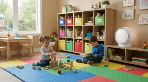 A sleek air purifier for finished basement operating in the background of a children's carpeted play area.