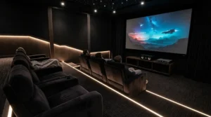 A quiet air purifier for finished basement positioned in the corner of a dark acoustic home theater.