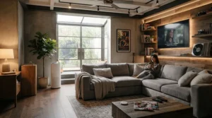 An air purifier for finished basement placed neatly in a cozy modern TV room with sectional seating.