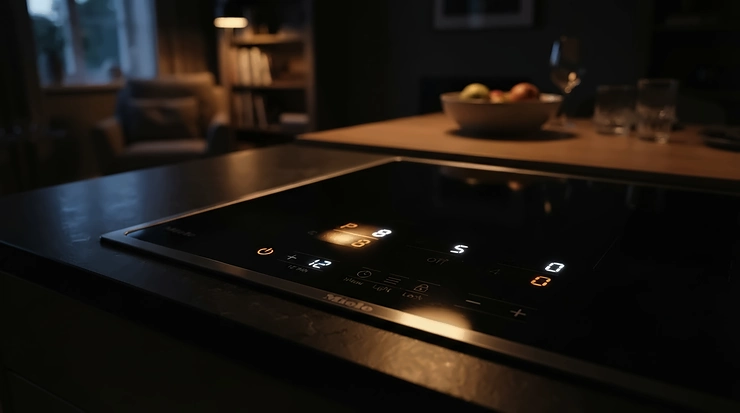 A smart air purifier for finished basement showing air quality readings on an illuminated LED display panel.