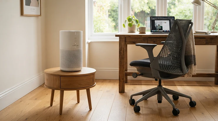 A space-saving air purifier for home office allergies sitting on a side table.