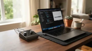 An air purifier for home office allergies placed neatly on a wooden desk next to a laptop.
