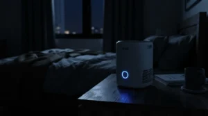 A whisper-quiet air purifier for home office allergies running during late-night work sessions.
