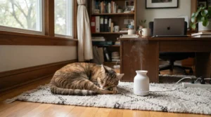 An effective air purifier for home office allergies operating quietly while a cat rests nearby.