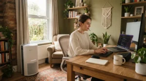 A remote worker typing on a computer with an air purifier for home office allergies on the floor.
