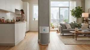 A modern air purifier for kitchen cooking smells in an open-concept apartment living space.