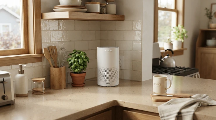 A compact air purifier for kitchen cooking smells tucked into a small breakfast nook corner.