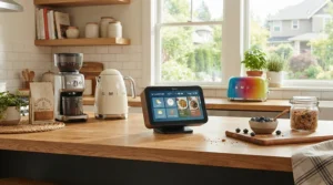 A sleek countertop air purifier for kitchen cooking smells sitting neatly next to a coffee maker.