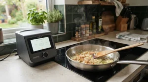 An air purifier for kitchen cooking smells operating while garlic and onions sauté in a skillet.