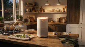 Demonstration of odor neutralization using an air purifier for kitchen cooking smells after dinner prep.