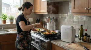 An air purifier for kitchen cooking smells acting as a range hood alternative near an electric cooktop.