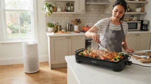 An air purifier for kitchen smoke clearing the air quickly during an indoor electric tabletop grilling session.