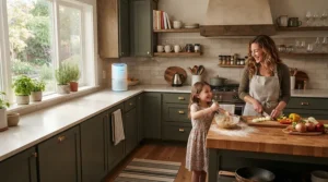 A family cooking dinner safely while an air purifier for kitchen smoke runs quietly in the background.