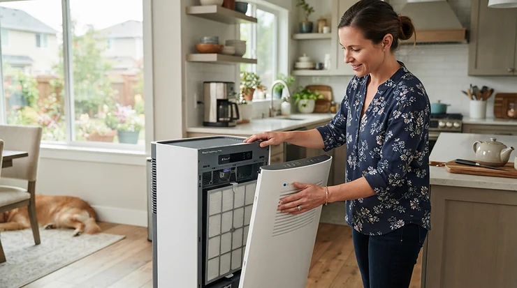 A homeowner checking the filter inside an air purifier for kitchen smoke during routine home maintenance.
