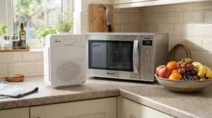 A small air purifier for kitchen smoke operating quietly in a compact urban apartment cooking space.