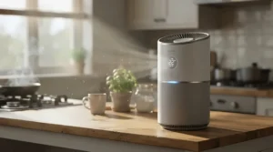Close-up of an air purifier for kitchen smoke capturing airborne smoke particles from burnt toast.