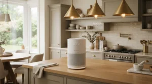 An air purifier for kitchen smoke featuring a multi-layer grease filter running in an open-concept kitchen.