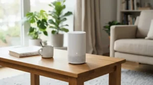 A minimalist air purifier for living room smoke odor placed on a clean wooden accent table.