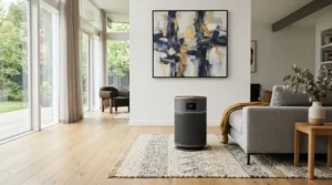 A stylish air purifier for living room smoke odor blending seamlessly with modern interior design.