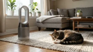A reliable air purifier for living room smoke odor working in a pet-friendly home.
