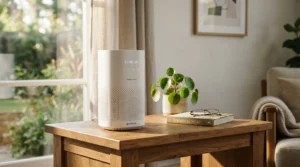 An affordable air purifier for living room smoke odor sitting on a side table.