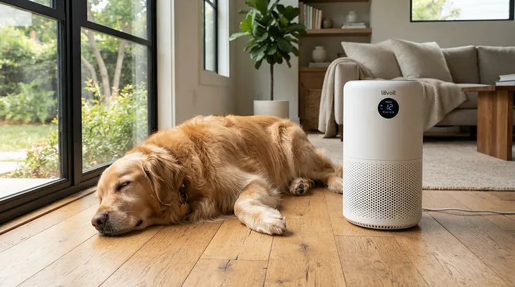 An air purifier for living room with pets sitting nearby on a cozy rug.