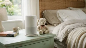 A pediatric-approved air purifier for nursery safety sitting on a pastel-colored nightstand.