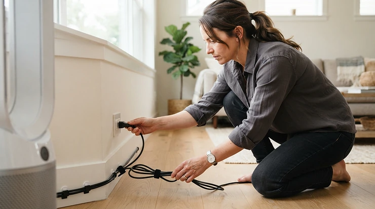 A parent setting up an air purifier for nursery safety with secure cord management.