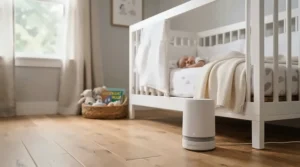 An air purifier for nursery safety placed near a white wooden crib in a sunlit bedroom.