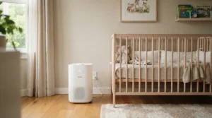 An air purifier for nursery safety placed securely near a white crib in a brightly lit modern baby room.