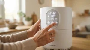 Close-up of a parent checking the control panel of an air purifier for nursery safety featuring child-lock settings.