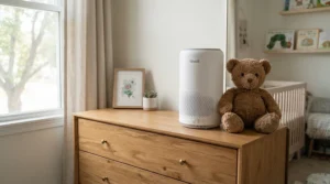 Close-up of an air purifier for nursery safety highlighting its ozone-free operation on a dresser.