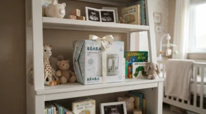An air purifier for nursery under 100 displayed as a practical gift item on a baby shower registry table.