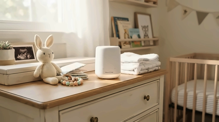 A compact air purifier for nursery under 100 sits neatly on a white wooden dresser in a modern infant room. air purifier for nursery under $100