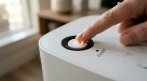User interacting with the touch panel on an air purifier for nursery under 100 for easy speed adjustments.