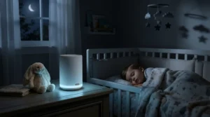 An air purifier for nursery under 100 running quietly with a soft nightlight feature during bedtime hours.