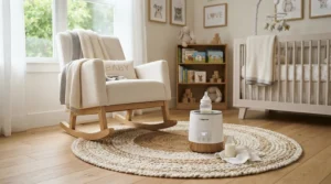 A portable air purifier for nursery under 100 positioned on a rug in a cozy apartment infant space.