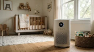 Close-up of a budget-friendly air purifier for nursery under 100 showing its efficient particle filtration system.