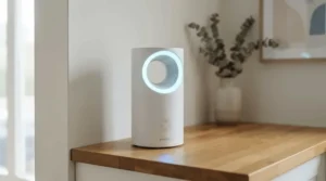 An air purifier for shared office displaying air quality monitoring graphs for employees.