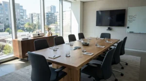 A compact air purifier for shared office sitting on a table during a team meeting.