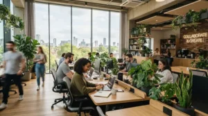An air purifier for shared office placed in a modern coworking space with desks and plants.