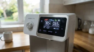 A smart air purifier for shared office showing real-time air quality metrics on its digital display.